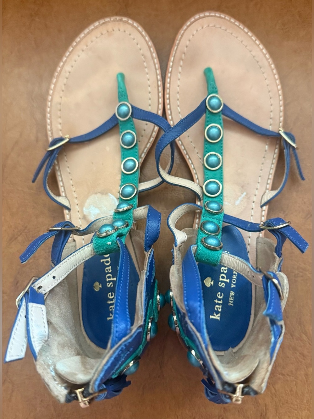 Kate Spade New York Soto Flat Sandals Blue Green Studded Leather Size 7.5 - Picture 8 of 10